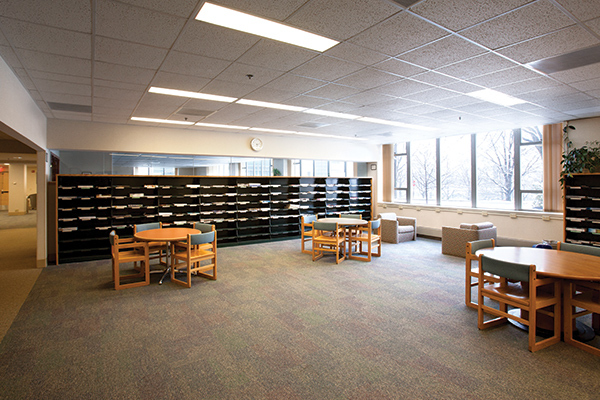 Work spaces within the Nestlé Library in Statler Hall