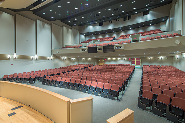 View of the seats in the Alice Statler Auditorium from the stage