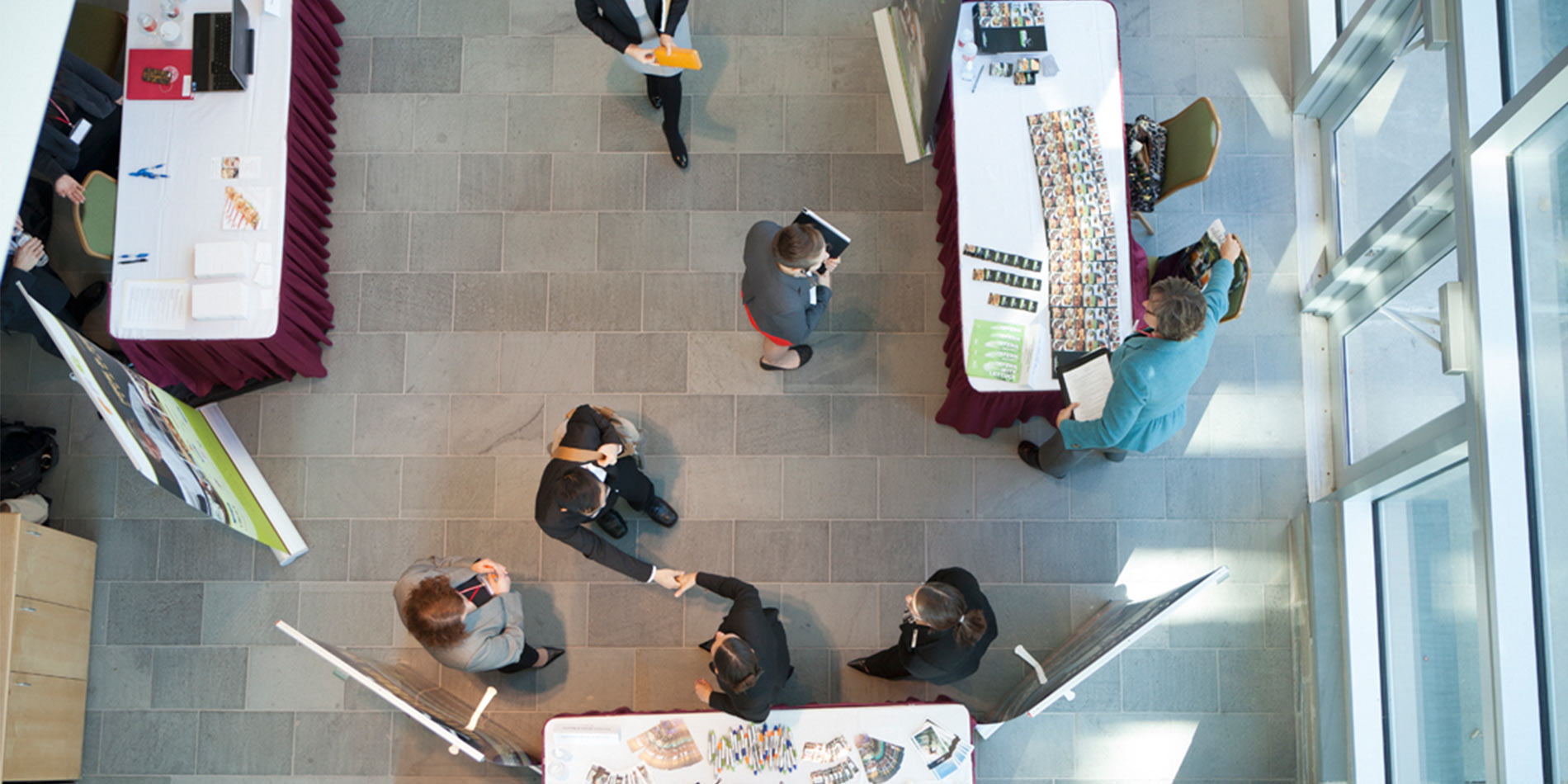 Birdseye view of students in the atrium 